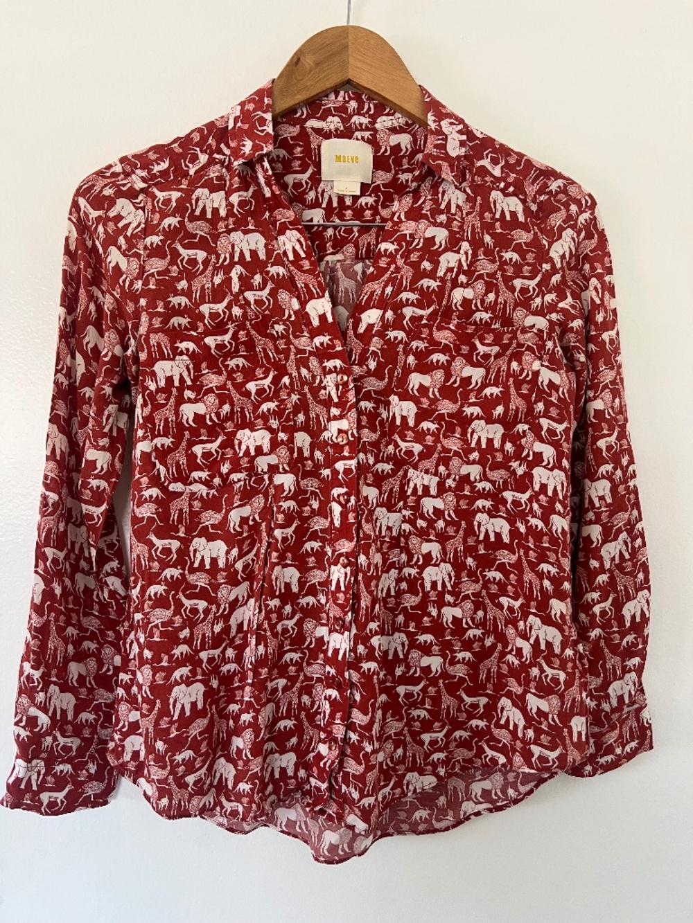 Maeve Anthropologie Safari Animal Print Button Down Shirt Red Boho Blouse Size 2